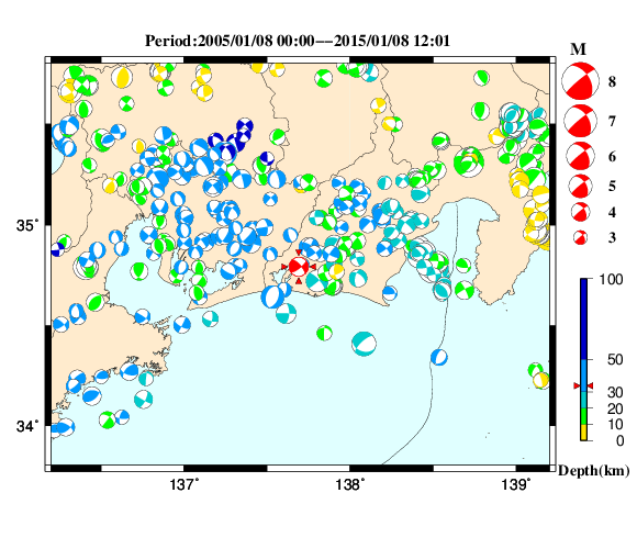 過去に起きた地震の初動発震機構解
