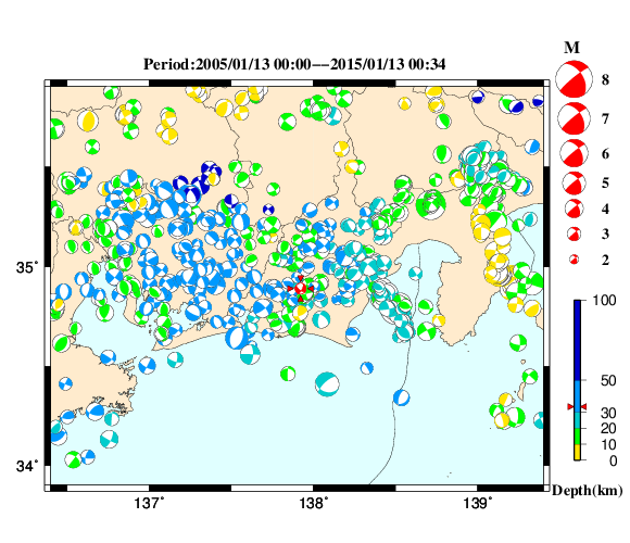 過去に起きた地震の初動発震機構解