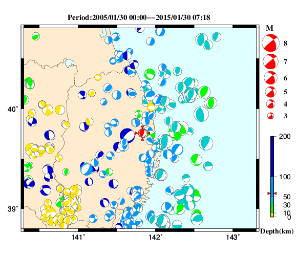 過去に起きた地震の初動発震機構解
