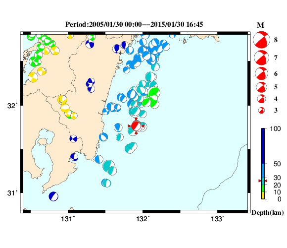過去に起きた地震の初動発震機構解