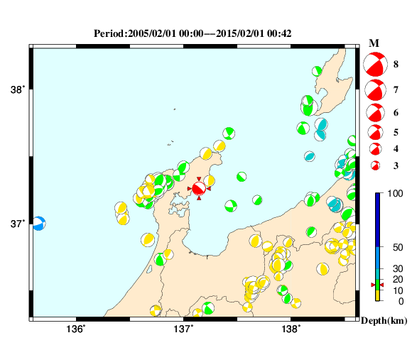 過去に起きた地震の初動発震機構解