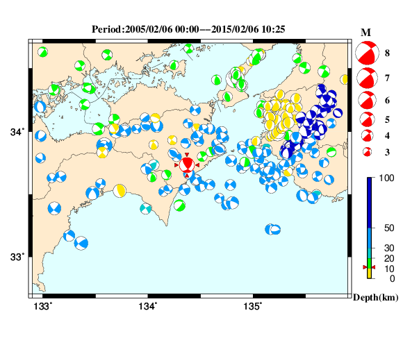 過去に起きた地震の初動発震機構解