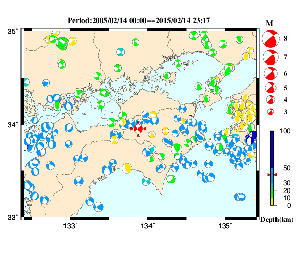 過去に起きた地震の初動発震機構解