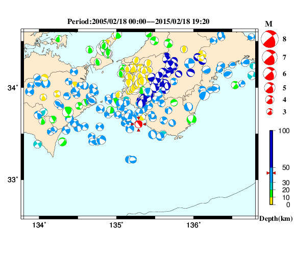過去に起きた地震の初動発震機構解