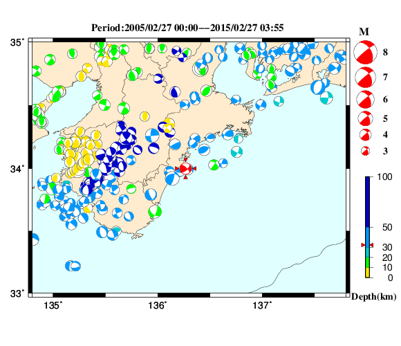 過去に起きた地震の初動発震機構解