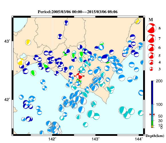 過去に起きた地震の初動発震機構解