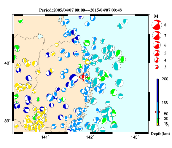 過去に起きた地震の初動発震機構解