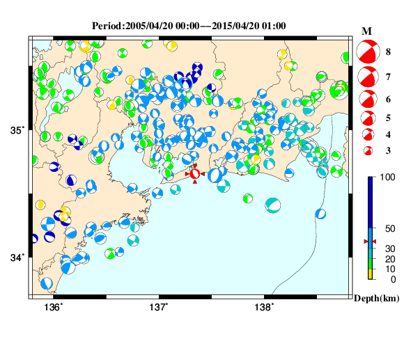 過去に起きた地震の初動発震機構解