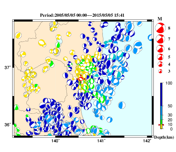 過去に起きた地震の初動発震機構解