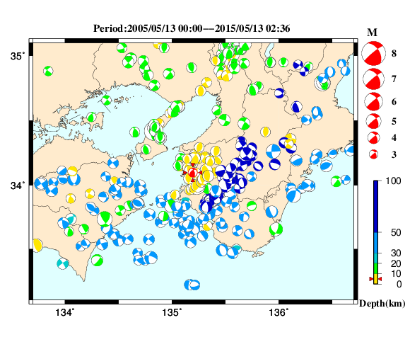 過去に起きた地震の初動発震機構解