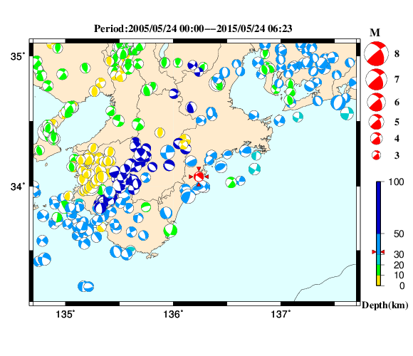 過去に起きた地震の初動発震機構解