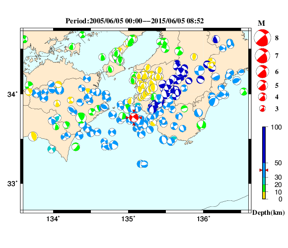 過去に起きた地震の初動発震機構解