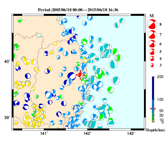 過去に起きた地震の初動発震機構解