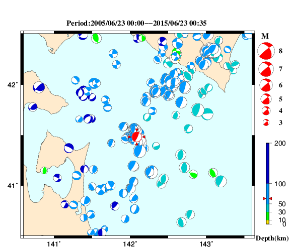 過去に起きた地震の初動発震機構解