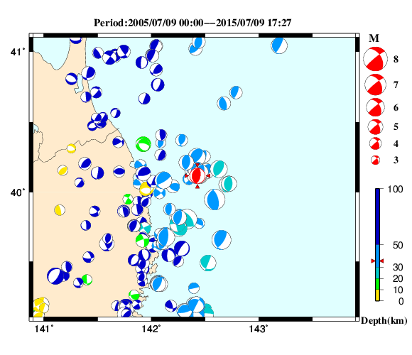 過去に起きた地震の初動発震機構解