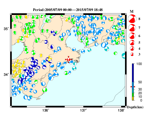 過去に起きた地震の初動発震機構解