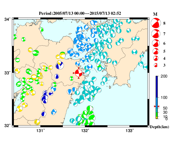 過去に起きた地震の初動発震機構解