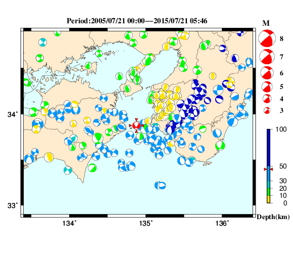 過去に起きた地震の初動発震機構解