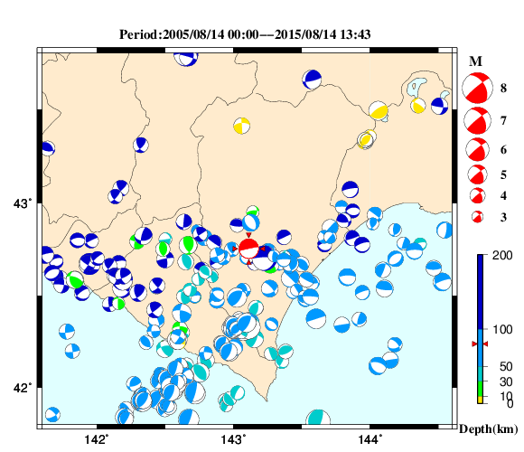 過去に起きた地震の初動発震機構解