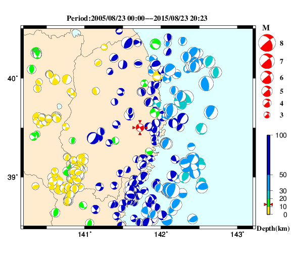 過去に起きた地震の初動発震機構解