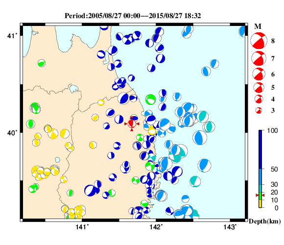 過去に起きた地震の初動発震機構解