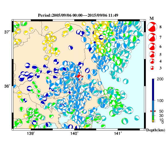 過去に起きた地震の初動発震機構解