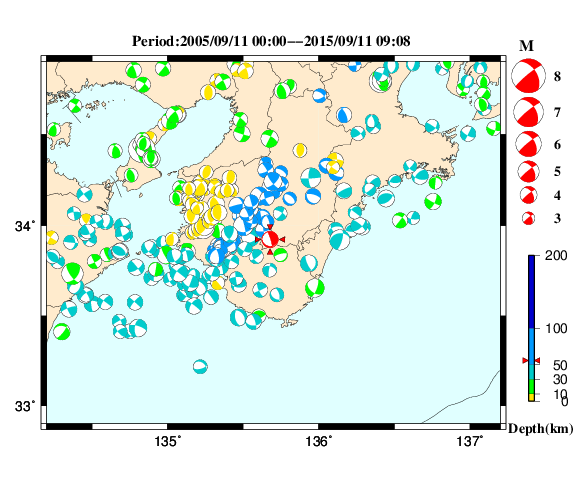 過去に起きた地震の初動発震機構解
