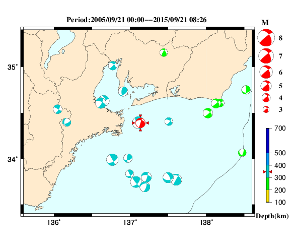 過去に起きた地震の初動発震機構解