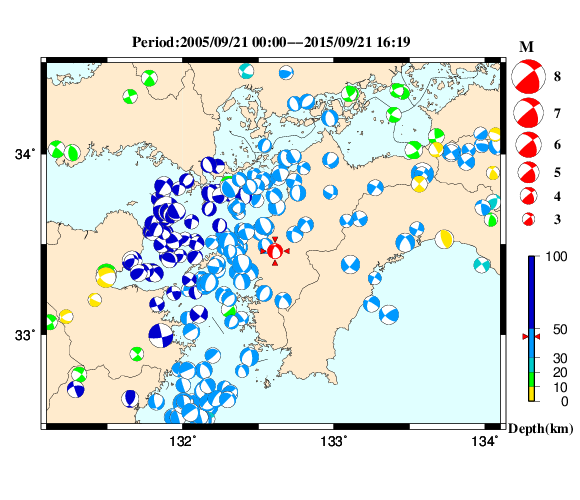 過去に起きた地震の初動発震機構解