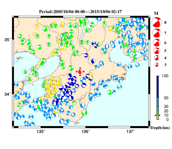 過去に起きた地震の初動発震機構解
