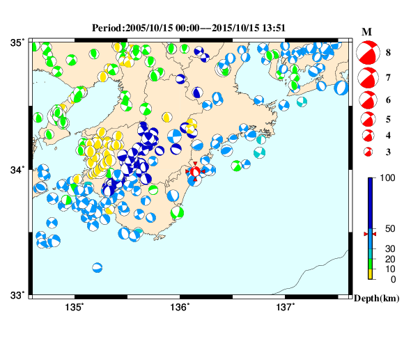 過去に起きた地震の初動発震機構解