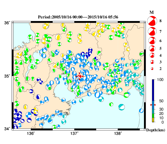 過去に起きた地震の初動発震機構解