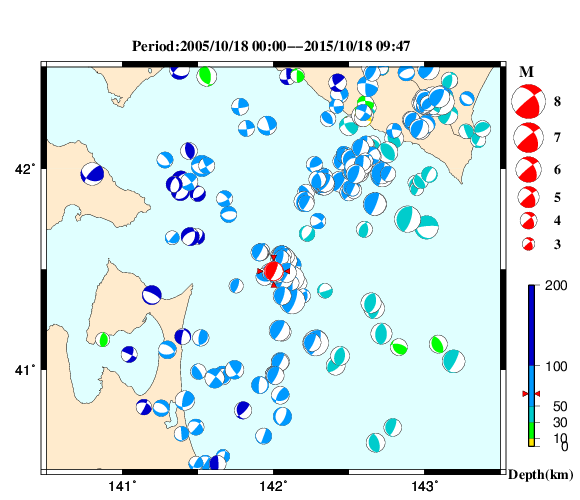 過去に起きた地震の初動発震機構解