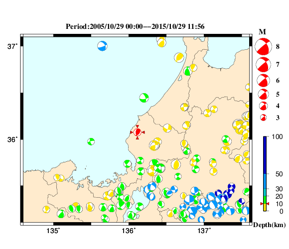 過去に起きた地震の初動発震機構解