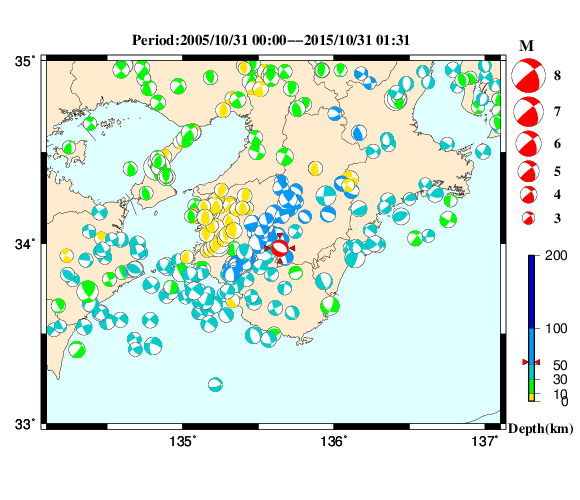 過去に起きた地震の初動発震機構解