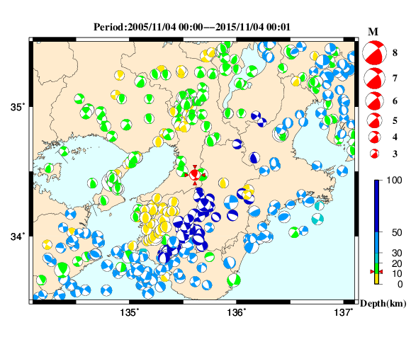過去に起きた地震の初動発震機構解
