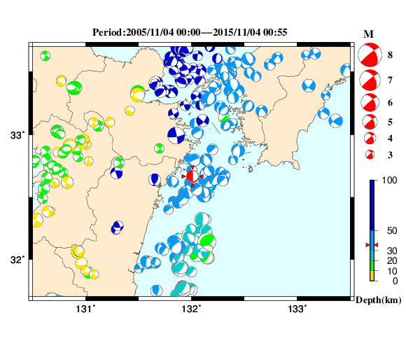 過去に起きた地震の初動発震機構解