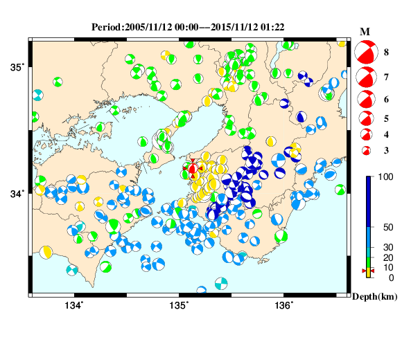 過去に起きた地震の初動発震機構解