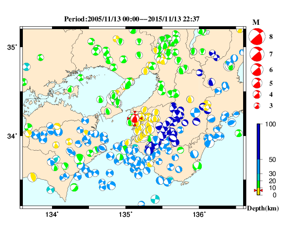 過去に起きた地震の初動発震機構解