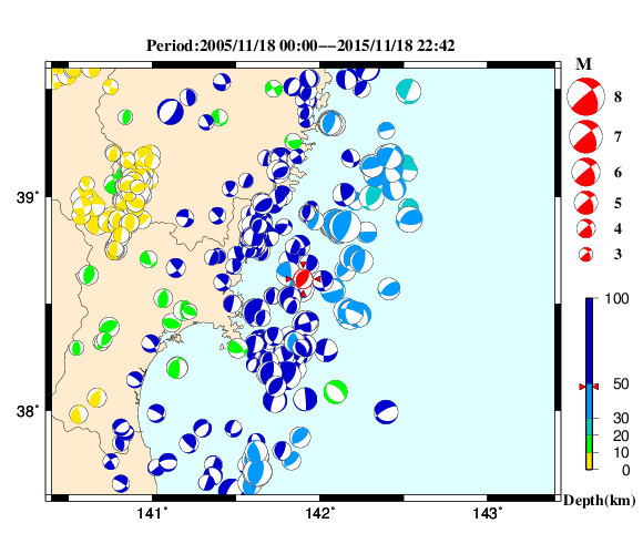 過去に起きた地震の初動発震機構解