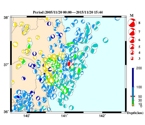 過去に起きた地震の初動発震機構解