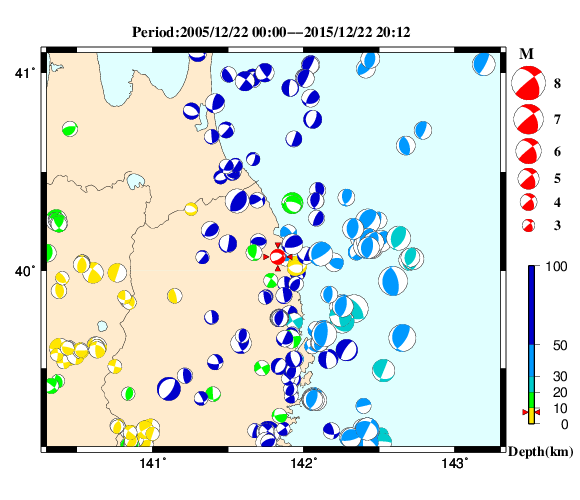 過去に起きた地震の初動発震機構解
