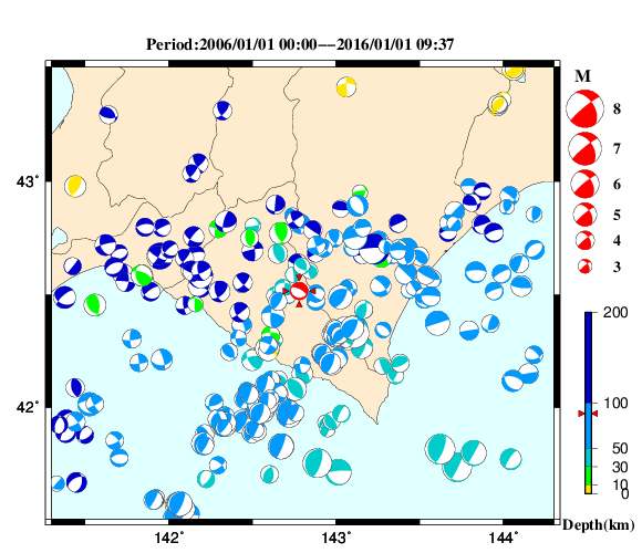 過去に起きた地震の初動発震機構解