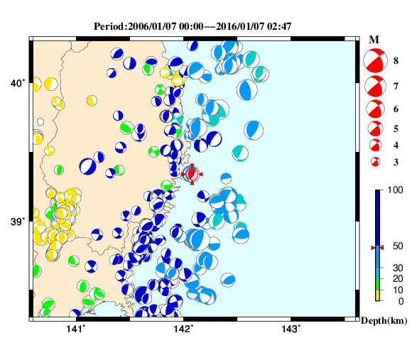 過去に起きた地震の初動発震機構解