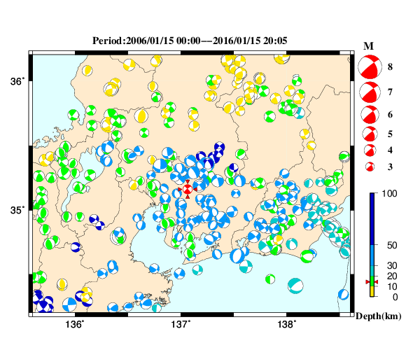 過去に起きた地震の初動発震機構解