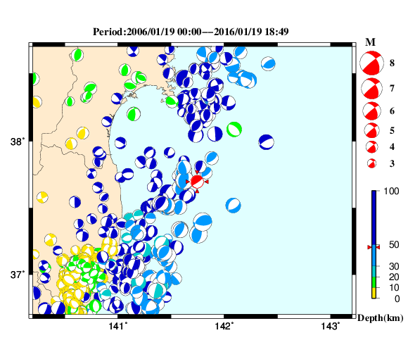 過去に起きた地震の初動発震機構解