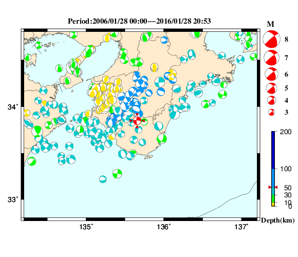 過去に起きた地震の初動発震機構解