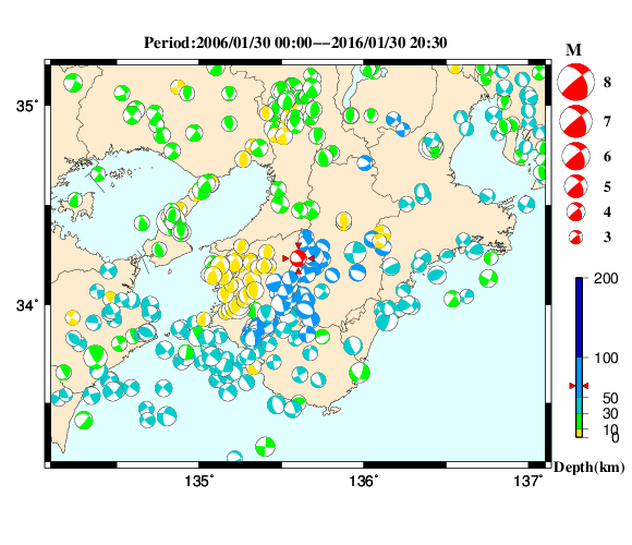 過去に起きた地震の初動発震機構解