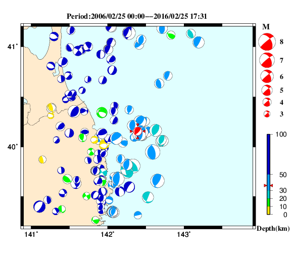 過去に起きた地震の初動発震機構解