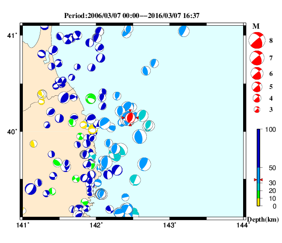 過去に起きた地震の初動発震機構解